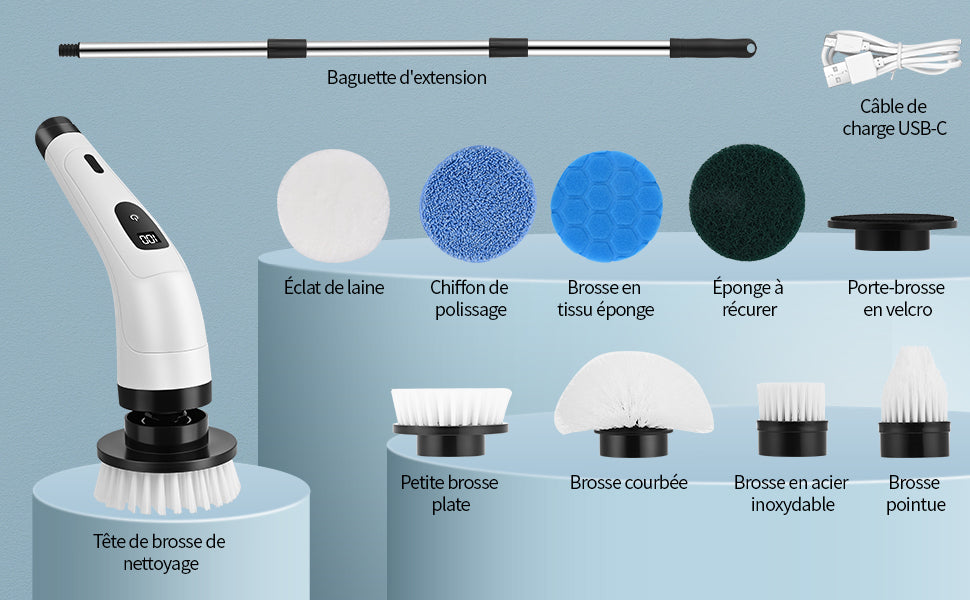 Brosse  Puissante de Nettoyage Profonde Electrique sans fil à 9 têtes en 1 Rechargeable